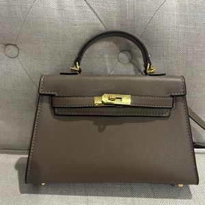Mini Kelly style crossbody handbag purse shoulder bag etoupe gold hardware taupe
